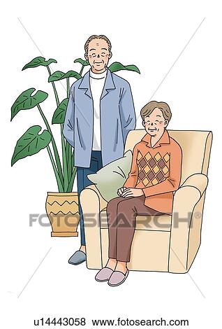 Senior couple smiling, Illustration, Front View View Large Illustration Stock Illustration - Senior couple smiling, Illustration, Front View. Fotosearch