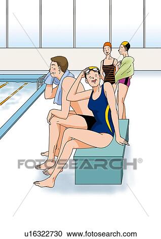 Clipart - Senior couple swimming, Illustration, Side View. Fotosearch