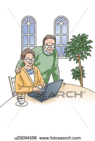 Stock Illustration - Senior couple using a computer, Illustration, High Angle View. Fotosearch