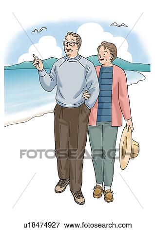 Stock Illustration - Senior couple walking on the beach, Illustration, Front View. Fotosearch