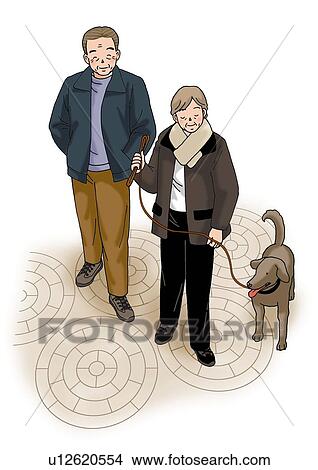 Stock Illustration - Senior couple walking with a dog, Illustration, High Angle View. Fotosearch