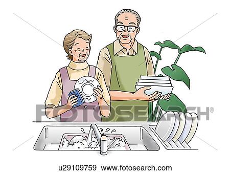 Stock Illustration - Senior couple washing dishes together, Illustration, Front View. Fotosearch