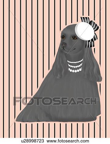 Drawing - Black American Cocker Spaniel wearing hat and necklaces, front view. Fotosearch