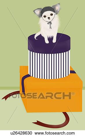 Chihuahua wearing headwear, sitting on pile of present boxes, front view, green background View Large Illustration Clipart - Chihuahua wearing headwear, sitting on pile of present boxes, front view, green background. Fotosearch