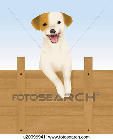 Dog leaning on fence in garden, front view View Large Illustration Clip Art - Dog leaning on fence in garden, front view. Fotosearch
