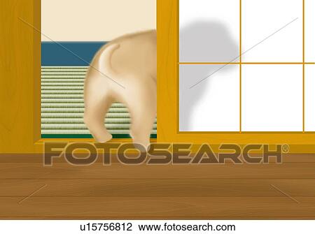 Puppy behind sliding door, rear view View Large Illustration Drawing - Puppy behind sliding door, rear view. Fotosearch