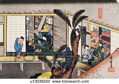 Scenery of Akasaka in Edo Period, Painting, Woodcut, Japanese Wood Block Print, High Angle View View Large Illustration Clipart - Scenery of Akasaka in Edo Period, Painting, Woodcut, Japanese Wood Block Print, High Angle View. Fotosearch