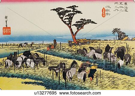 Stock Illustration - Scenery of Chiryu in Edo Period, Painting, Woodcut, Japanese Wood Block Print. Fotosearch