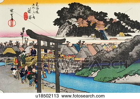 Drawing - Scenery of Fujisawa in Edo Period, Painting, Woodcut, Japanese Wood Block Print. Fotosearch