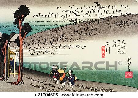 Stock Illustration - Scenery of Futagawa in Edo Period, Painting, Woodcut, Japanese Wood Block Print. Fotosearch