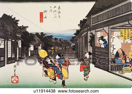 Stock Illustration - Scenery of Goyu in Edo Period, Painting, Woodcut, Japanese Wood Block Print. Fotosearch