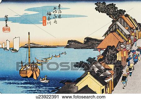 Clip Art - Scenery of Kanagawa in Edo Period, Painting, Woodcut, Japanese Wood Block Print. Fotosearch