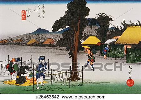 Drawing - Scenery of Minakuchi in Edo Period, Painting, Woodcut, Japanese Wood Block Print. Fotosearch