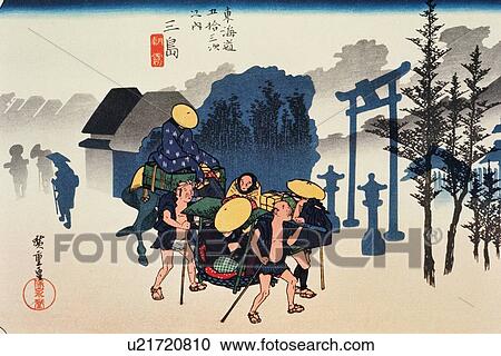 Clipart - Scenery of Mishima in Edo Period, Painting, Woodcut, Japanese Wood Block Print. Fotosearch