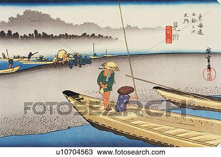 Drawing - Scenery of Mitsuke in Edo Period, Painting, Woodcut, Japanese Wood Block Print, Rear View. Fotosearch