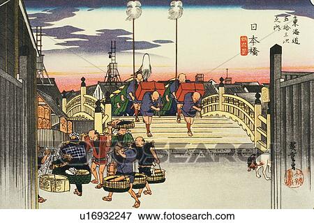 Stock Illustration - Scenery of Nihonbashi in Edo Period, Painting, Woodcut, Japanese Wood Block Print. Fotosearch