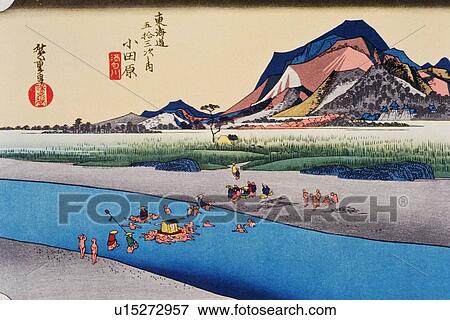Stock Illustration - Scenery of Odawara in Edo Period, Painting, Woodcut, Japanese Wood Block Print, High Angle View. Fotosearch