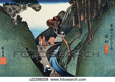 Stock Illustration - Scenery of Okabe in Edo Period, Painting, Woodcut, Japanese Wood Block Print, High Angle View. Fotosearch