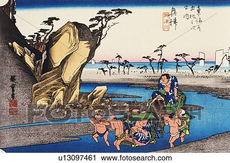 Clip Art - Scenery of Okitsu in Edo Period, Painting, Woodcut, Japanese Wood Block Print, Side View. Fotosearch