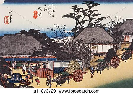 Stock Illustration - Scenery of Otsu in Edo Period, Painting, Woodcut, Japanese Wood Block Print, High Angle View. Fotosearch