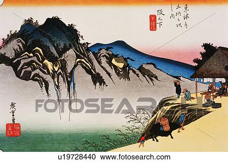 Clipart - Scenery of Sakanoshita in Edo Period, Painting, Woodcut, Japanese Wood Block Print. Fotosearch