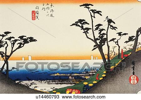 Drawing - Scenery of Shirasuka in Edo Period, Painting, Woodcut, Japanese Wood Block Print. Fotosearch