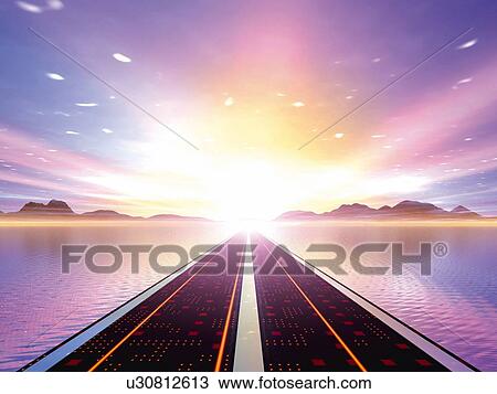 Drawing - Computer Graphics of a road reaching the horizon, CG, 3D Image, Lens Flare. Fotosearch