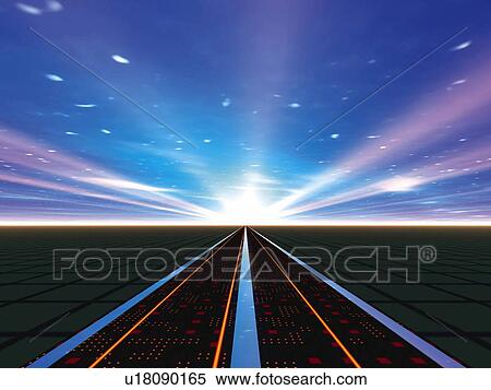 Computer Graphics of a road reaching horizon, CG, 3D Image, Lens Flare View Large Illustration Stock Illustration - Computer Graphics of a road reaching horizon, CG, 3D Image, Lens Flare. Fotosearch
