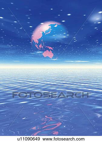 Computer Graphics of Earth above water, CG, 3D Image View Large Illustration Stock Illustration - Computer Graphics of Earth above water, CG, 3D Image. Fotosearch