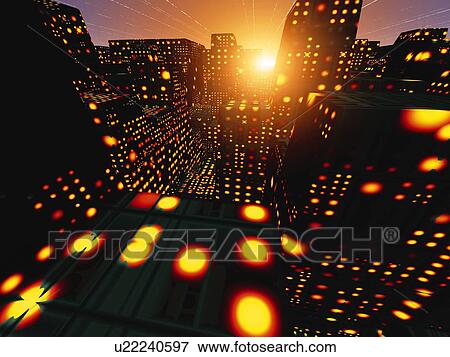 Computer Graphics of illuminated buildings, CG, 3D Image, High Angle View View Large Illustration Stock Illustration - Computer Graphics of illuminated buildings, CG, 3D Image, High Angle View. Fotosearch