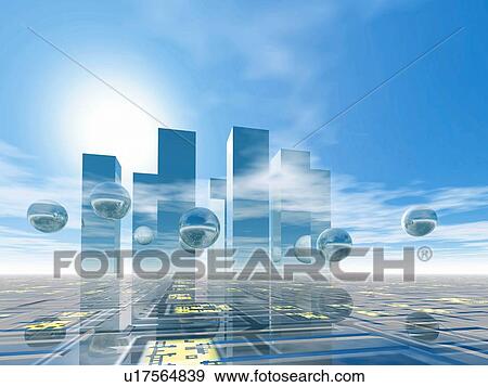Computer Graphics of skyscrapers and spheres, CG, 3D Image View Large Illustration Stock Illustration - Computer Graphics of skyscrapers and spheres, CG, 3D Image. Fotosearch