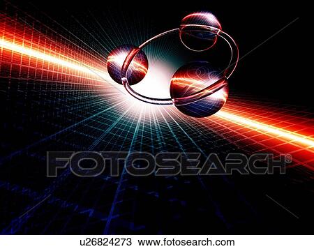 Drawing - Computer Graphics of three spheres and a ring, CG, 3D Image. Fotosearch