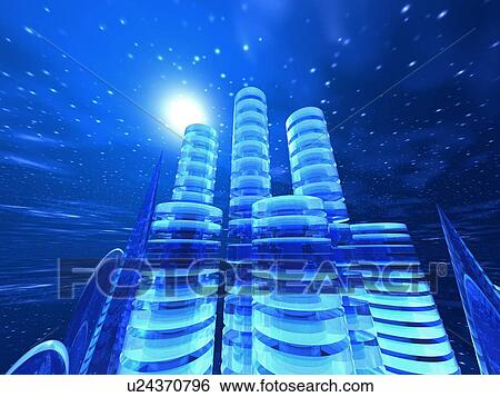 Skyscrapers Image, CG, 3D Image, Low Angle View View Large Illustration Stock Illustration - Skyscrapers Image, CG, 3D Image, Low Angle View. Fotosearch