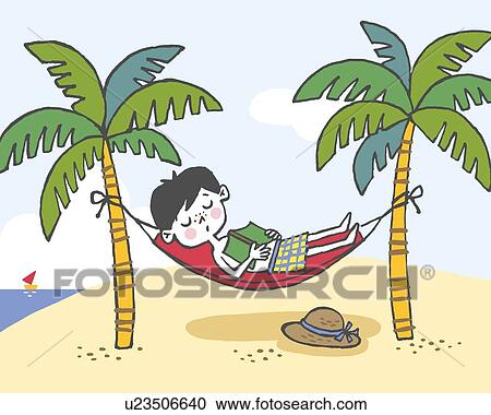 Boy sleeping on hammock, Painting, Illustration, Illustrative Technique, Side View View Large Illustration Clipart - Boy sleeping on hammock, Painting, Illustration, Illustrative Technique, Side View. Fotosearch