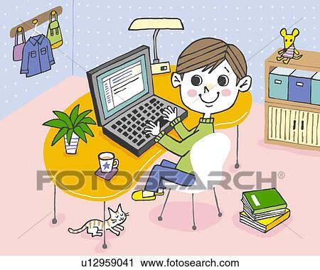 Clip Art - Boy using computer, Painting, Illustration, Illustrative Technique, High Angle View. Fotosearch