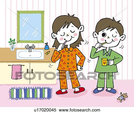 Stock Illustration - Children brushing teeth, Painting, Illustration, Illustrative Technique, Front View. Fotosearch