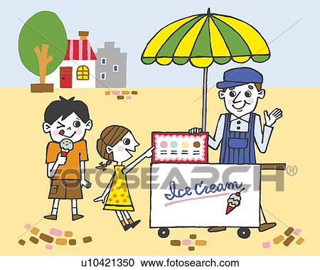 Clipart - Children buying ice creams, Painting, Illustration, Illustrative Technique, Front View, Side View. Fotosearch