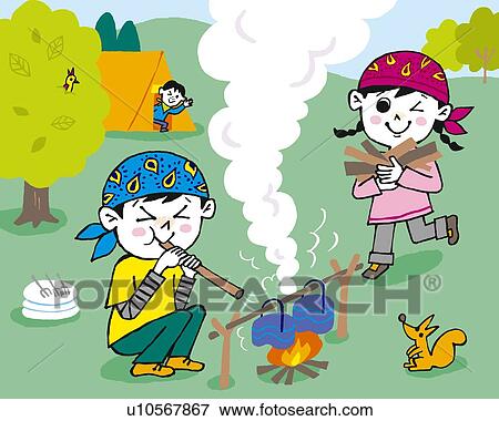 Children camping, Painting, Illustration, Illustrative Technique, Front View View Large Illustration Stock Illustration - Children camping, Painting, Illustration, Illustrative Technique, Front View. Fotosearch
