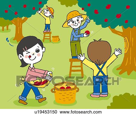 Clipart - Children catching apples, Painting, Illustration, Illustrative Technique, Rear View, Side View. Fotosearch