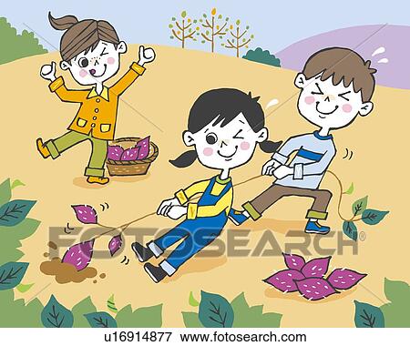 Stock Illustration - Children catching sweet potatos, Painting, Illustration, Illustrative Technique, Front View, Side View. Fotosearch