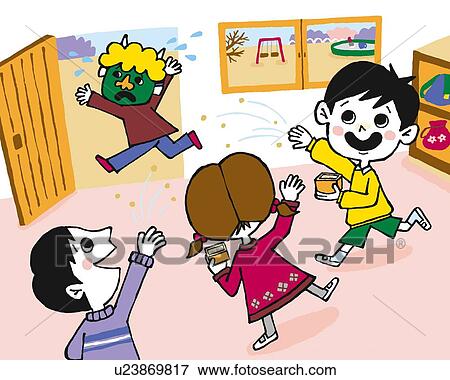 Stock Illustration - Children celebrating Setsubun, Painting, Illustration, Illustrative Technique, Rear View, Side View. Fotosearch