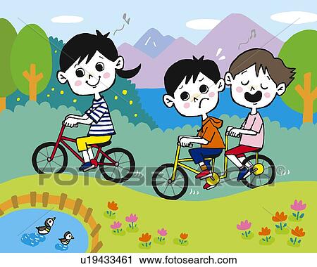 Clip Art - Children cycling, Painting, Illustration, Illustrative Technique, Side View. Fotosearch