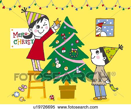 Stock Illustration - Children decorating Christmas Tree, Painting, Illustration, Illustrative Technique, Side View. Fotosearch
