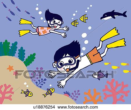 Stock Illustration - Children diving, Painting, Illustration, Illustrative Technique, Side View. Fotosearch
