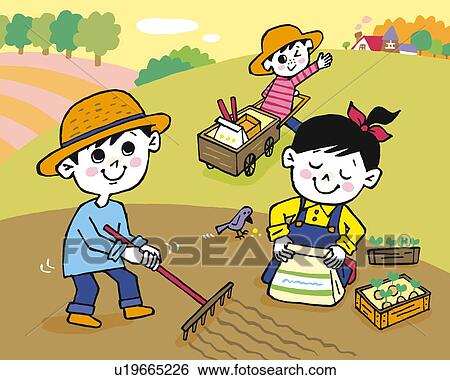 Stock Illustration - Children doing field work, Painting, Illustration, Illustrative Technique, Front View, Side View. Fotosearch