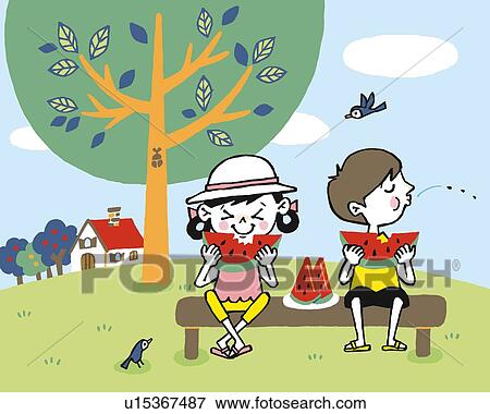 Children eating watermelons, Painting, Illustration, Illustrative Technique, Front View, Side View View Large Illustration Stock Illustration - Children eating watermelons, Painting, Illustration, Illustrative Technique, Front View, Side View. Fotosearch