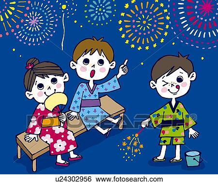 Children enjoying fireworks, Painting, Illustration, Illustrative Technique, Front View View Large Illustration Stock Illustration - Children enjoying fireworks, Painting, Illustration, Illustrative Technique, Front View. Fotosearch