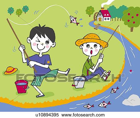 Stock Illustration - Children fishing, Painting, Illustration, Illustrative Technique, Front View, Side View. Fotosearch
