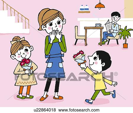 Stock Illustration - Children giving flowers to mother on Mother's Day, Painting, Illustration, Illustrative Technique, Front View, Side View. Fotosearch