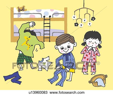 Drawing - Children going to bed, Painting, Illustration, Illustrative Technique, Front View. Fotosearch